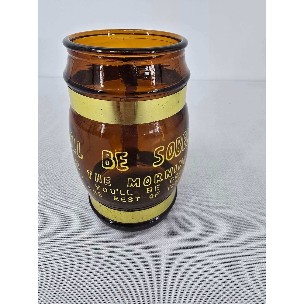 Vintage  Amber Glass Barrel Beer Mug Wood Handle Humorous Drinking Quote Taiwan